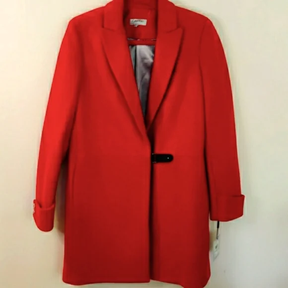 NWT Calvin Klein Leather closure True Red Wool Coat - Picture 1 of 7